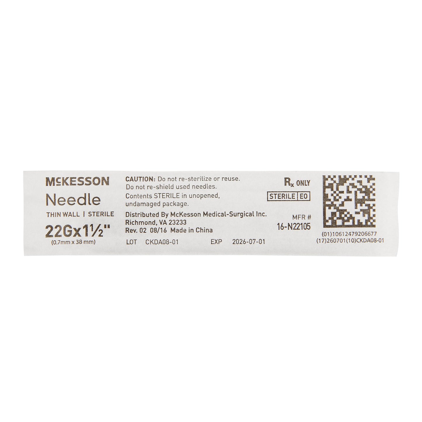 Hypodermic Needle McKesson 1-1/2 Inch Length 22 Gauge Thin Wall Without Safety - 16-N22105
