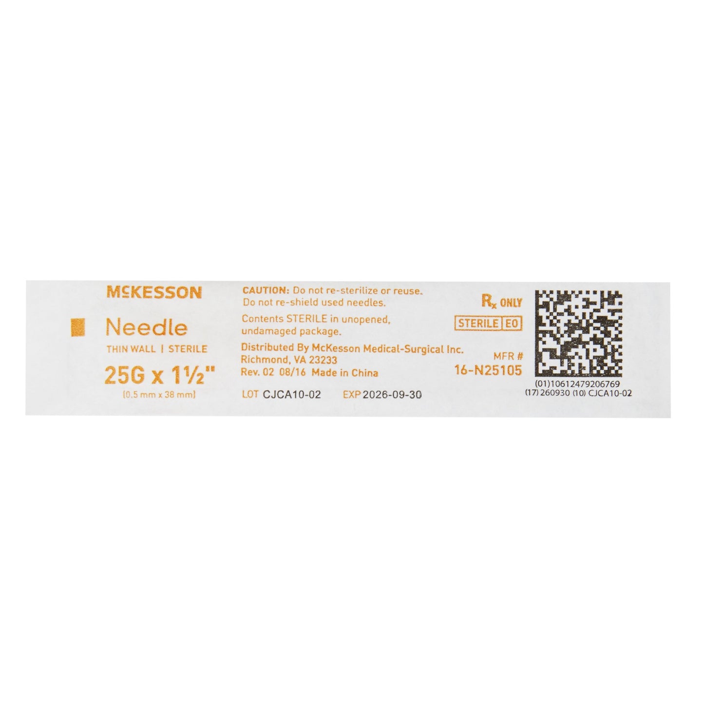 Hypodermic Needle McKesson 1-1/2 Inch Length 25 Gauge Thin Wall Without Safety - 16-N25105