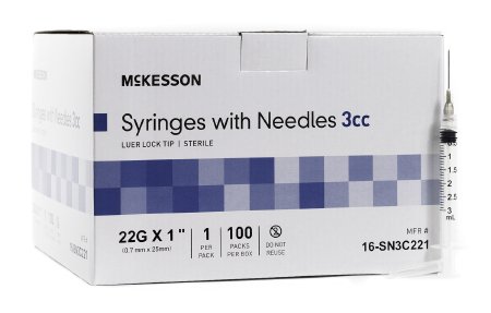 McKesson Syringe w/ Detachable Hypodermic Needle w/o Safety 3mL 22G x 1" - 16-SN3C221 - Medsitis