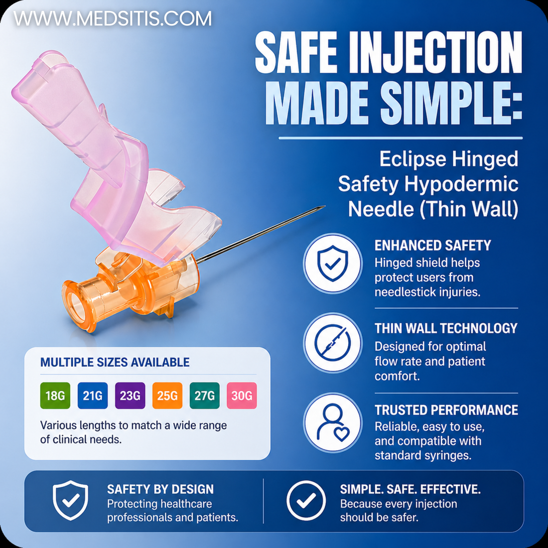 Safe Injection Made Simple: Eclipse Hinged Safety Hypodermic Needle (Thin Wall)