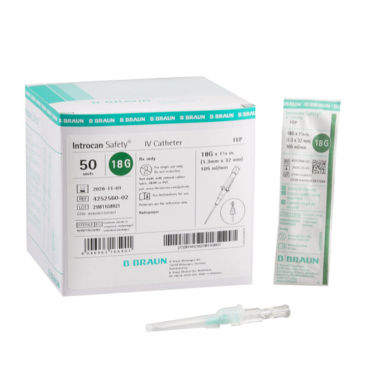 Peripheral IV Catheter Introcan Safety® 18 Gauge 1-1/4 Inch FEP Polymer Straight Hub Non Blood Control Passive Safety - 4252560-02