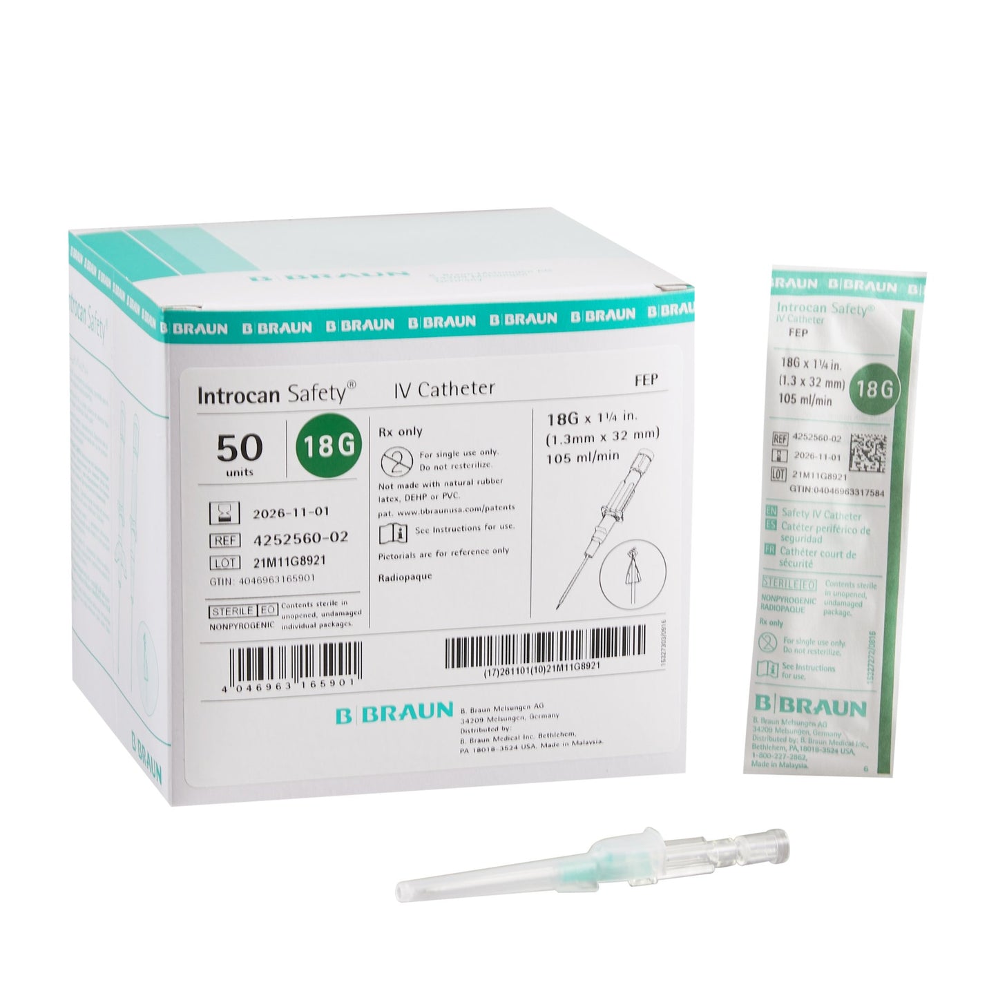 Peripheral IV Catheter Introcan Safety® 18 Gauge 1-1/4 Inch FEP Polymer Straight Hub Non Blood Control Passive Safety - 4252560-02