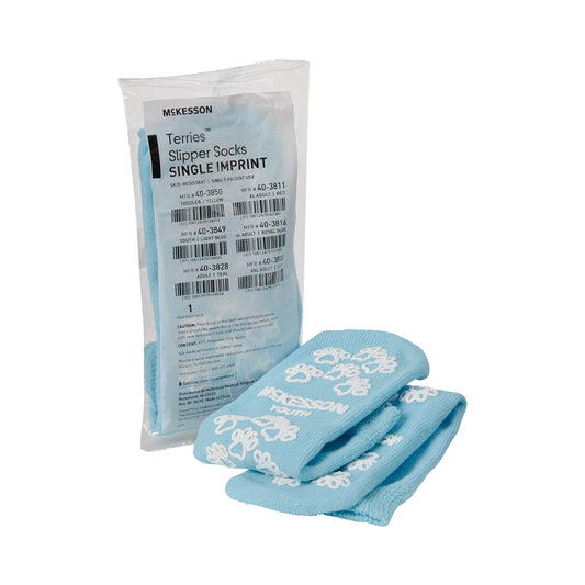 Slipper Socks McKesson Terries™ Unisex Child Single Tread Single Patient Use Light Blue - 40-3849