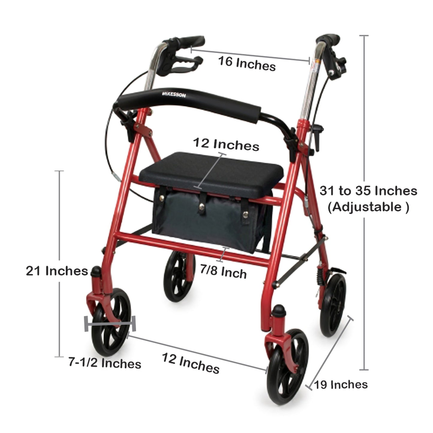 McKesson Folding Steel Four-Wheel Rollator, 12-Inch Seat Width, Red 146-10257RD-1