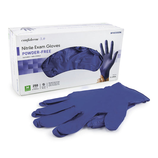 Exam Glove McKesson Confiderm® 3.0 Medium NonSterile Nitrile Standard Cuff Length Textured Fingertips Blue Not Rated - 14-6N34