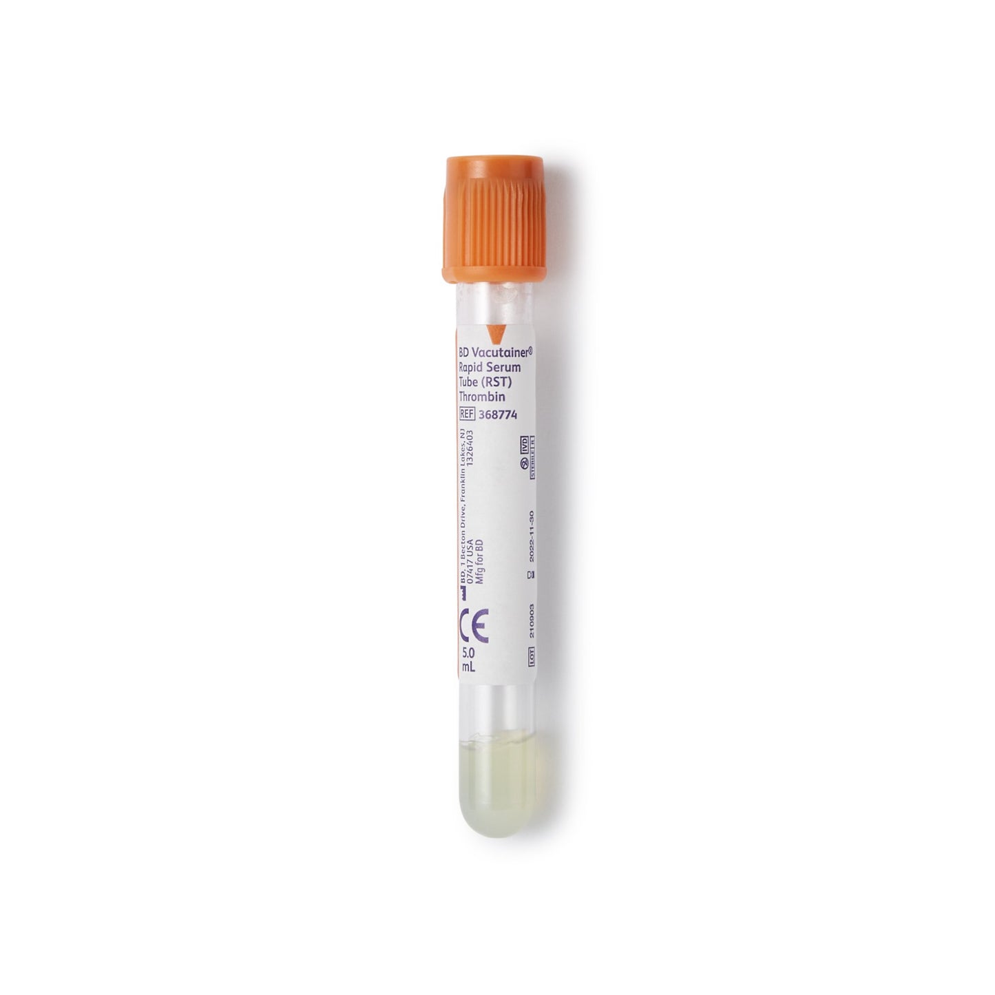 BD Vacutainer® Venous Blood Collection Tube Clot Activator Additive 5 mL BD Hemogard™ Closure Polyethylene Terephthalate (PET) Tube 368774