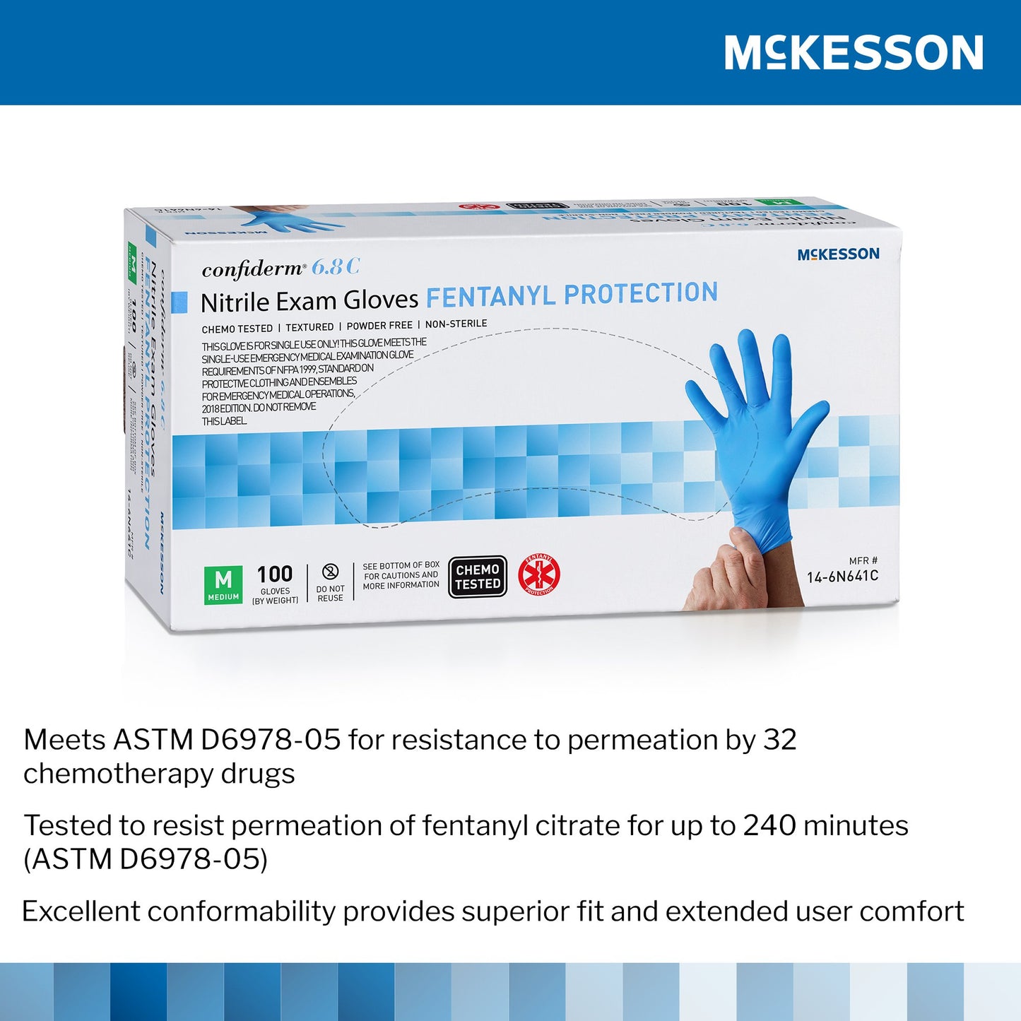 McKesson Confiderm® 6.8C Nitrile Exam Glove, Medium, Blue 14-6N641C
