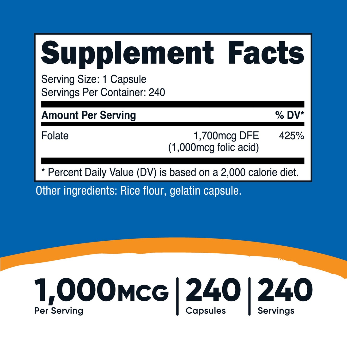 Dietary Supplement nutricost® Folic Acid (Vitamin B9) Folate 1,000 mcg Strength Capsule 240 Per Bottle NTC082101