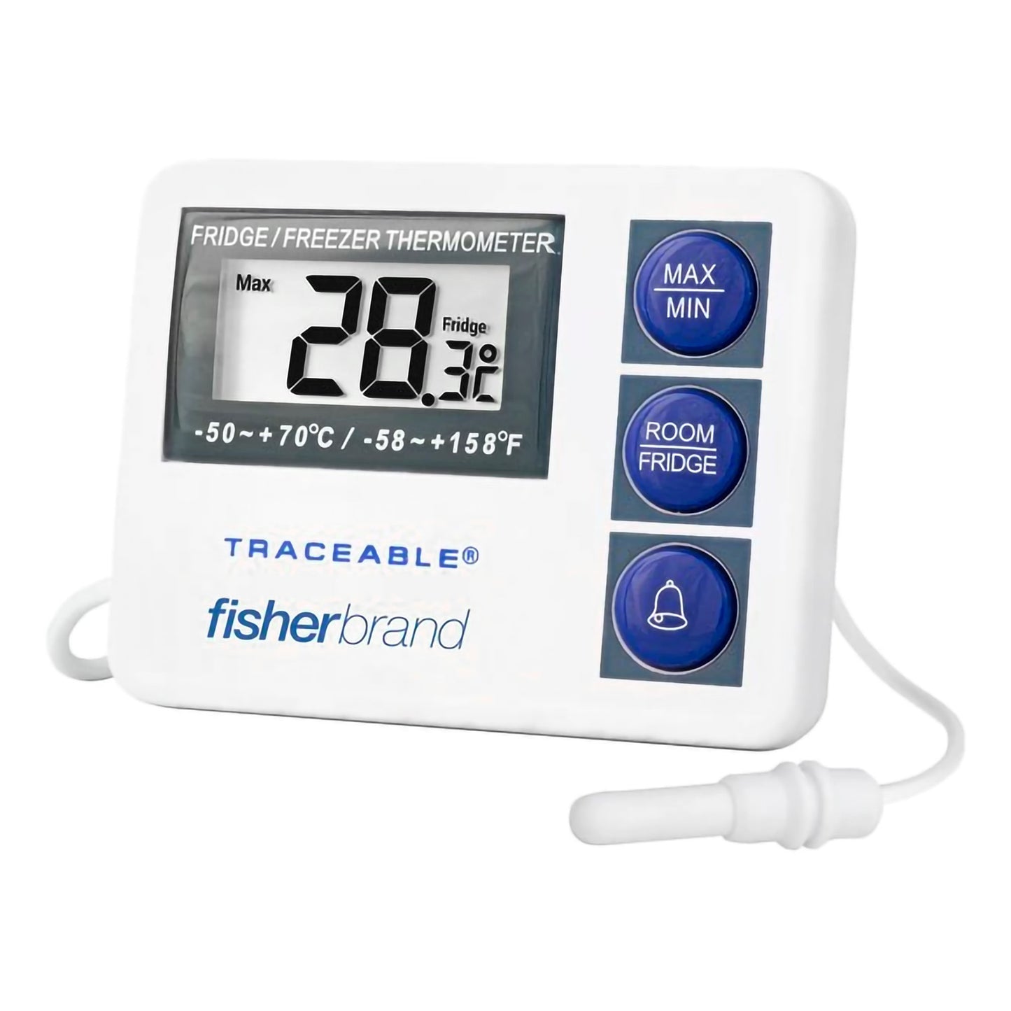 Digital Refrigerator / Freezer Thermometer with Alarm Fisherbrand™ Fahrenheit / Celsius -58° to +158°F (-50° to +70°C) External Probe Flip-out Stand /