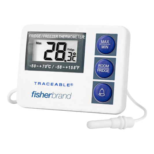 Digital Refrigerator / Freezer Thermometer with Alarm Fisherbrand™ Fahrenheit / Celsius -58° to +158°F (-50° to +70°C) External Probe Flip-out Stand /