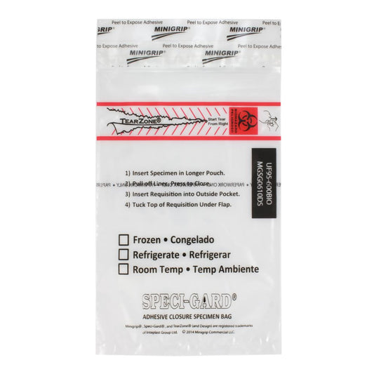 Specimen Transport Bag with Document Pouch Speci-Gard® 6 X 10 Inch Adhesive Closure Biohazard Symbol / Storage Instructions NonSterile - UF95-600BIO