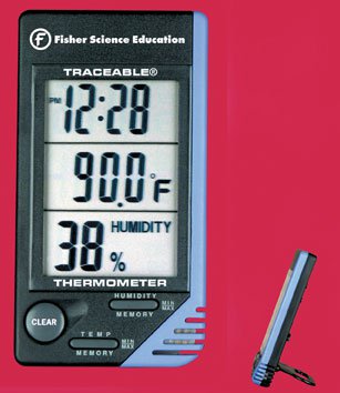 Digital Thermometer / Hygrometer Fisherbrand™ Traceable® Fahrenheit / Celsius 32° to 122°F (0 to 50°C) Internal Sensor Desk / Wall Mount Battery Opera