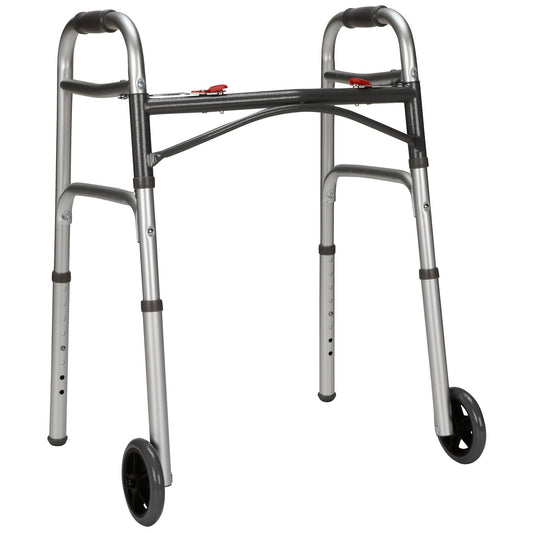 Dual Release Folding Walker with Wheels Adjustable Height McKesson Aluminum Frame 350 lbs. Weight Capacity 25 to 32-1/4 Inch Height - 146-10211-4