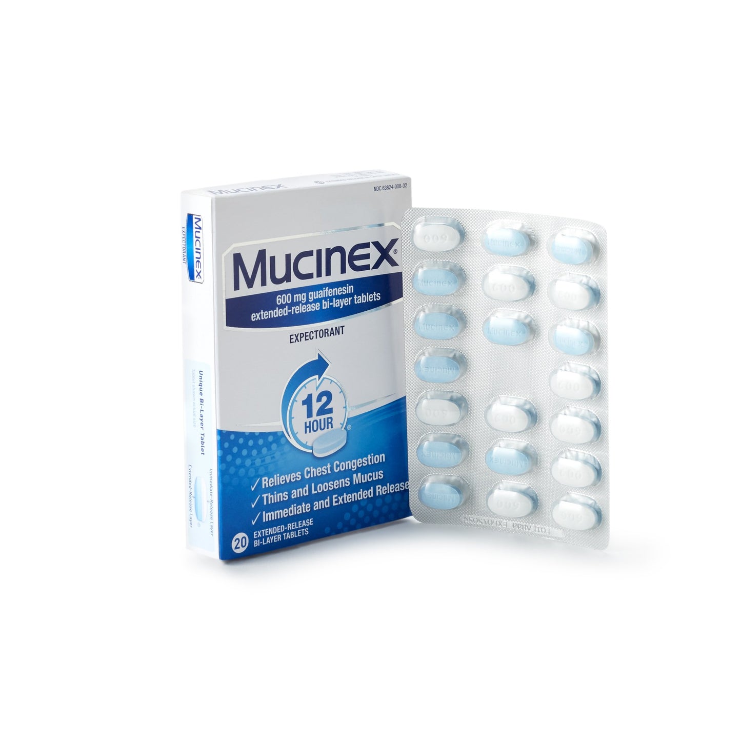 Reckitt Benckiser Mucinex Guaifenesin Cold and Cough Relief 63824000832, Box of 20