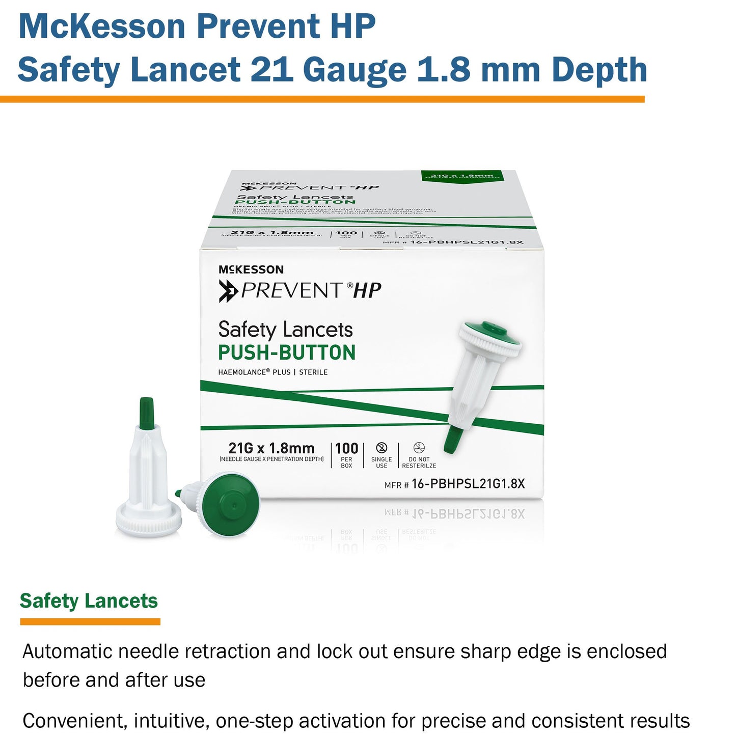 McKesson Prevent® HP Push Button Safety Lancet, 21 Guage 16-PBHPSL21G1.8X