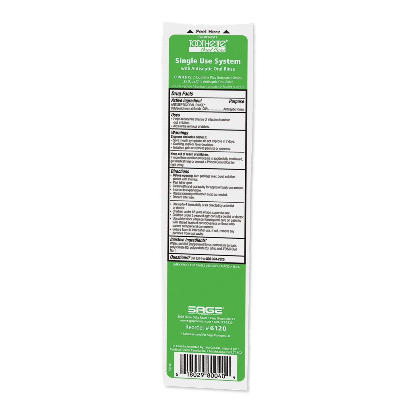 Sage Oral Swabstick Toothette Plus Foam Tip, Cetylpyridinium Chloride .05% 6120