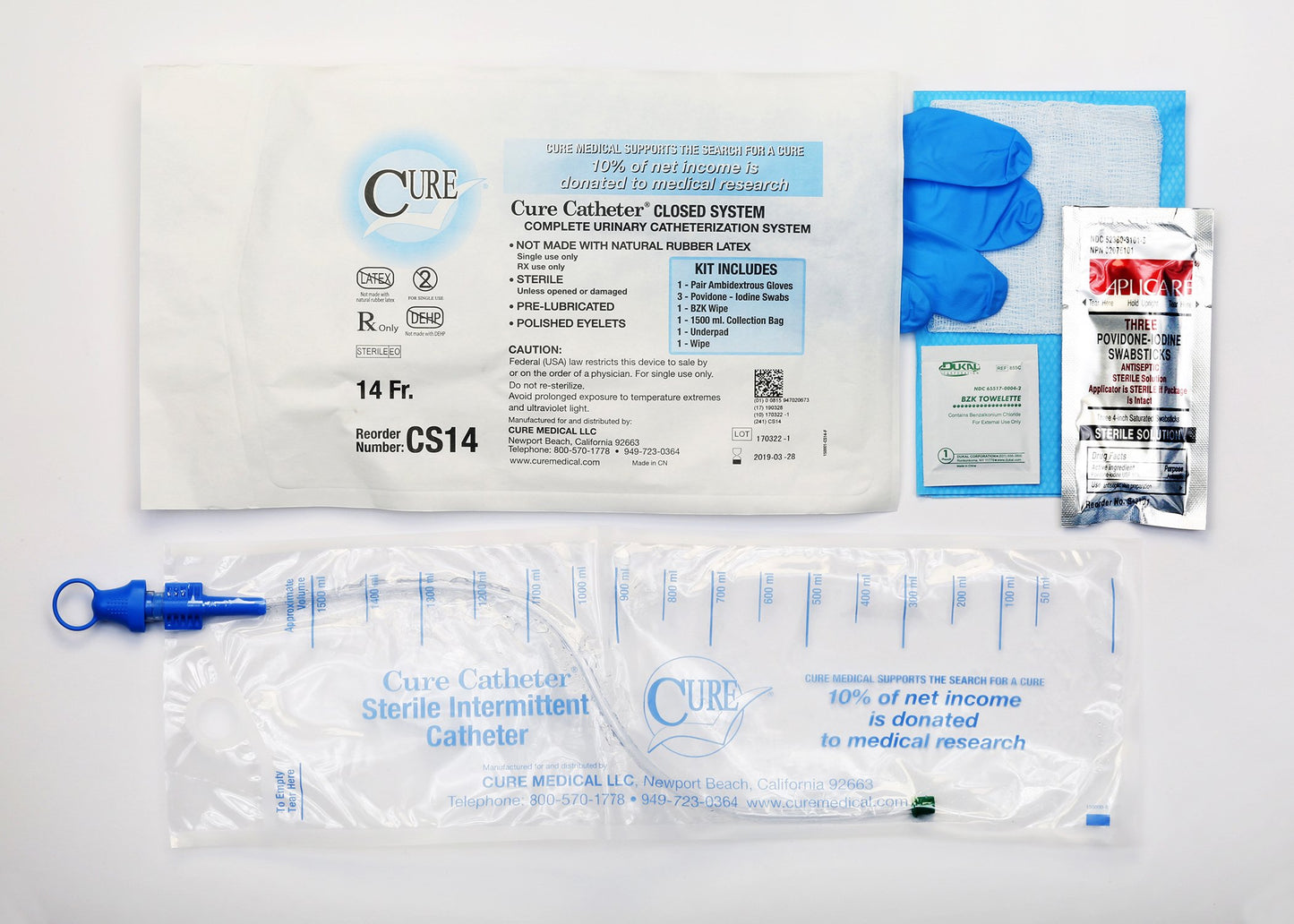 Cure Medical Cure Catheter Intermittent Catheter Kit, 14 Fr. CS14, Case of 100