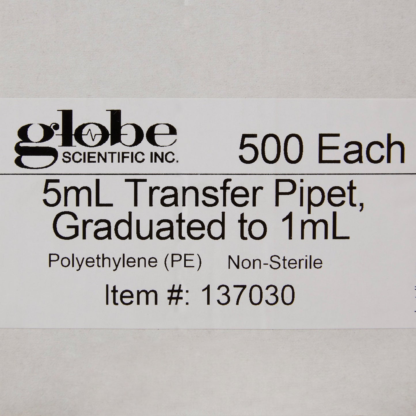 Globe Scientific Transfer Pipette, 5 mL, 3.4 mL Draw Volume 137030