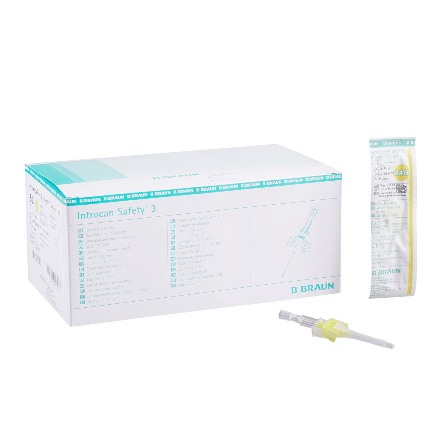 Closed IV Catheter Introcan Safety® 3 24 Gauge 3/4 Inch Polyurethane Winged Hub Blood Control Passive Safety - 4251127-02