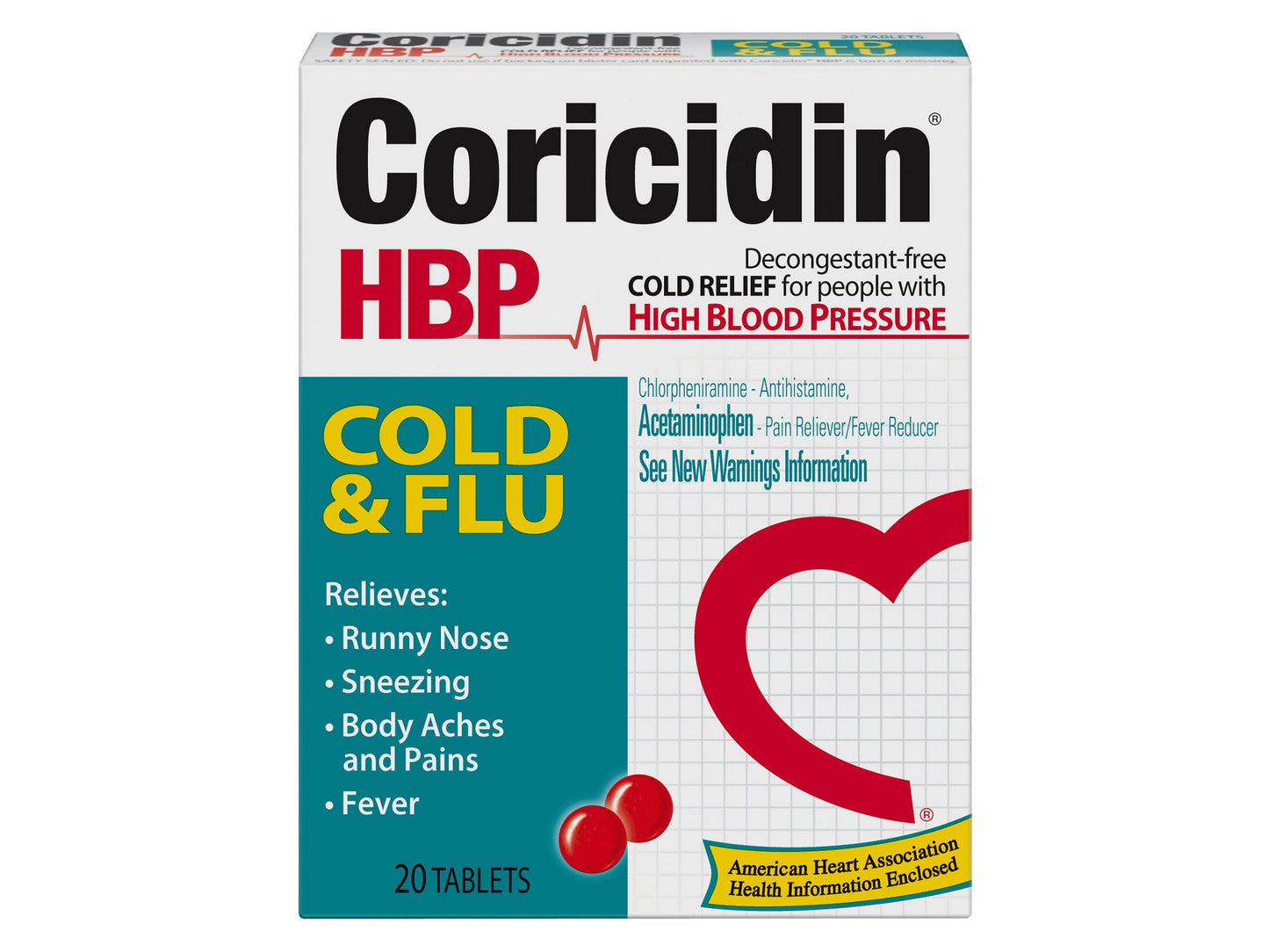 Cold and Cough Relief Coricidin® HBP Cold & Flu 325 mg - 2 mg Strength Tablet 20 per Box - 11523432502