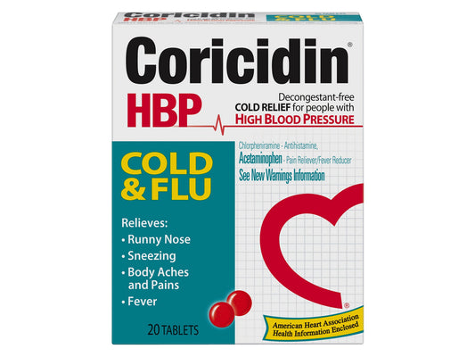 Cold and Cough Relief Coricidin® HBP Cold & Flu 325 mg - 2 mg Strength Tablet 20 per Box - 11523432502