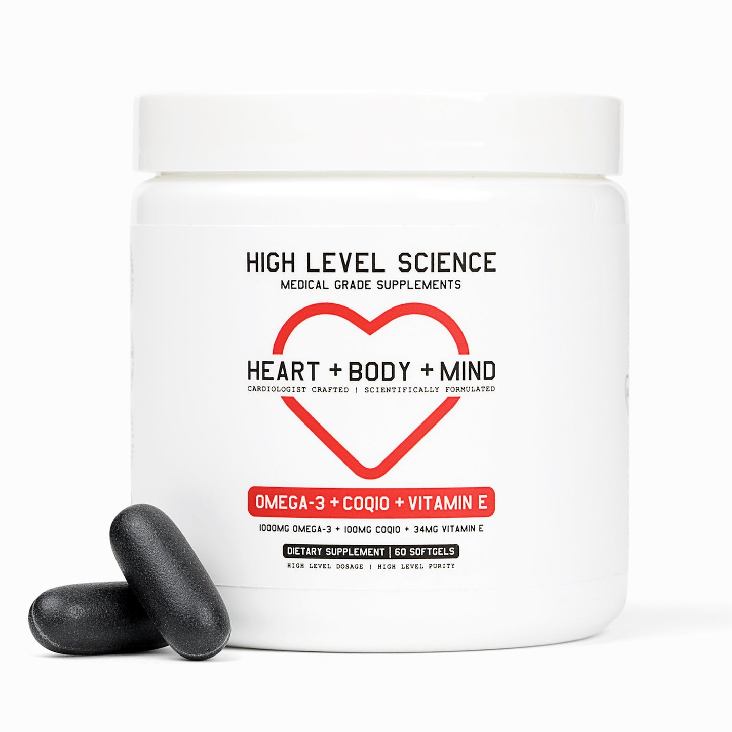 High Level Science Heart + Body + Mind Supplement, Omega-3, CoQ10 & Vitamin E HLS-001