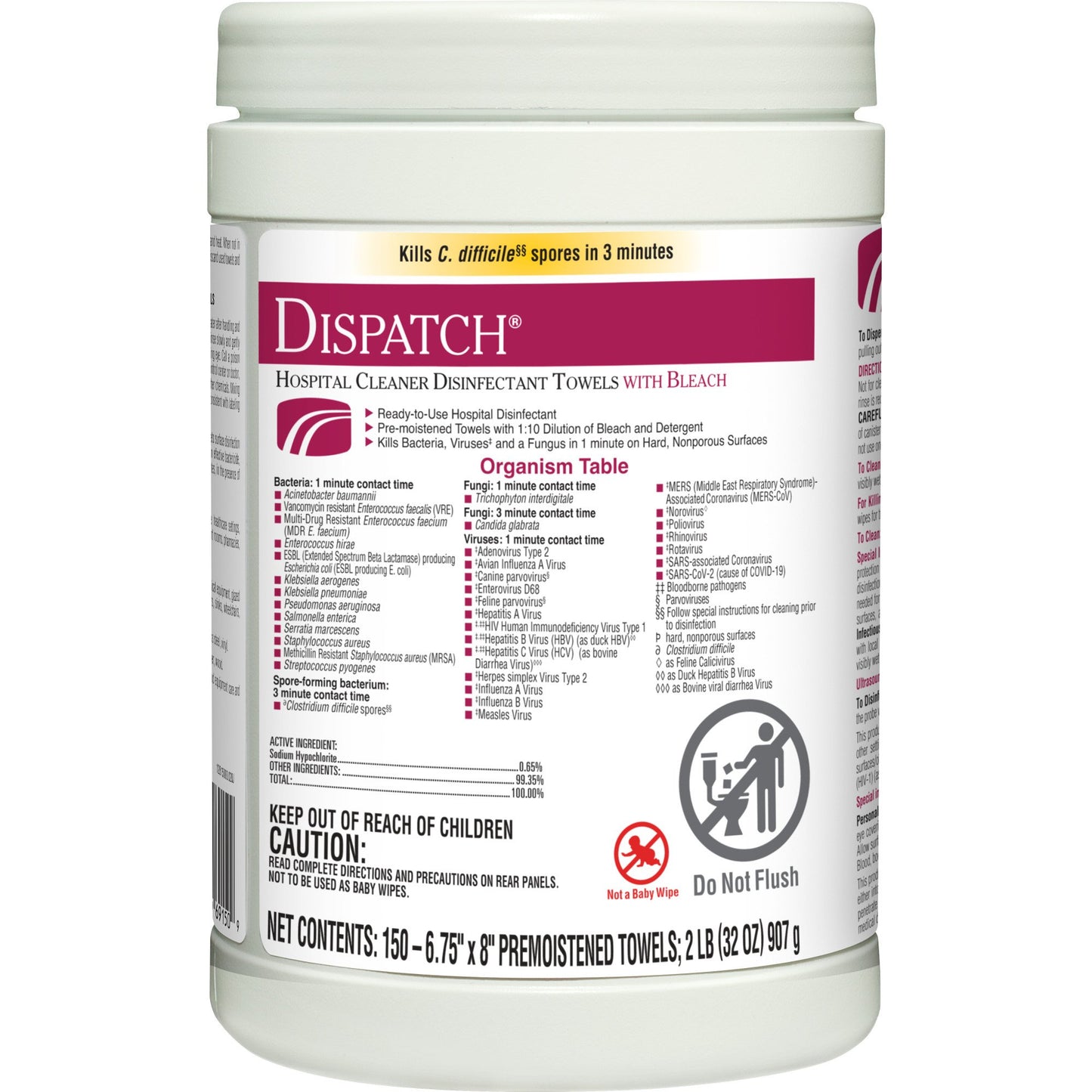 Surface Disinfectant Cleaner Dispatch® with Bleach Premoistened Manual Pull Wipe 150 Count Canister Fruity Floral Bleach Scent NonSterile - 69150