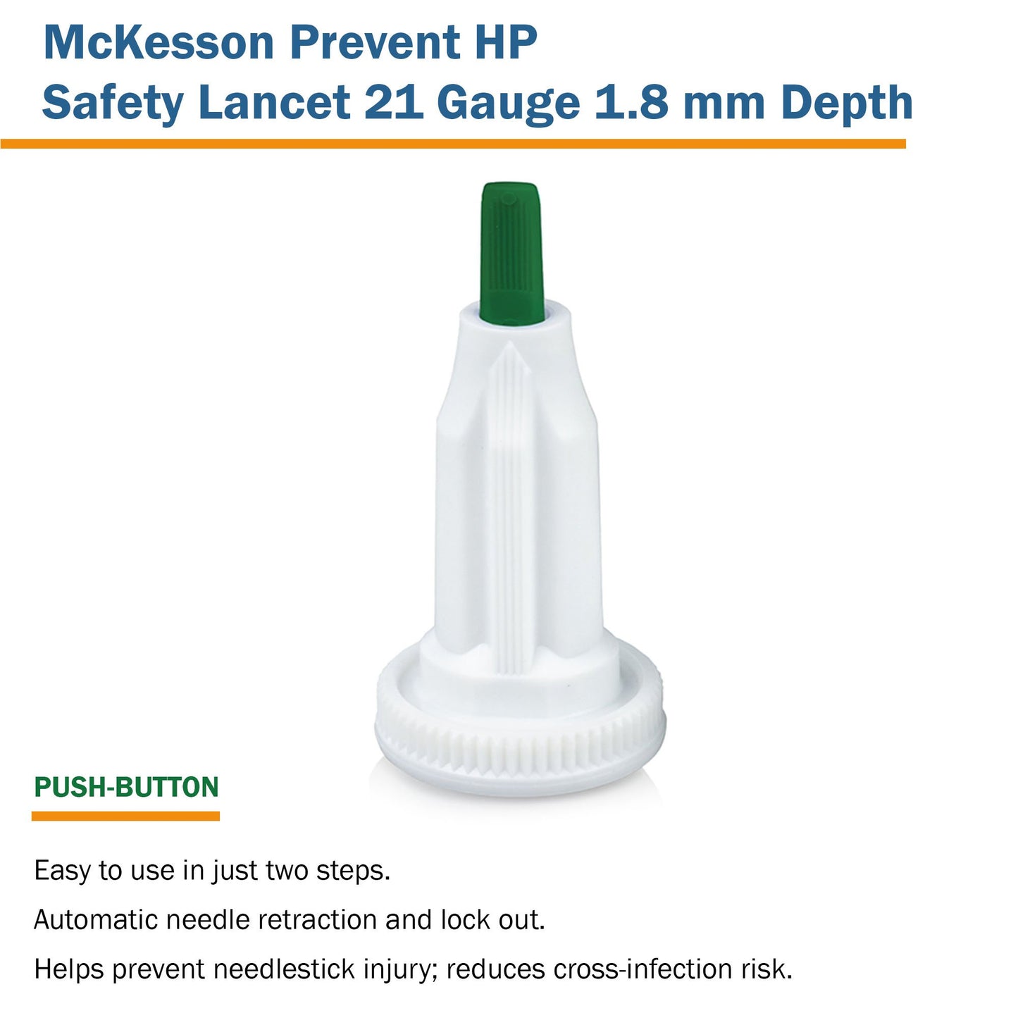 McKesson Prevent® HP Push Button Safety Lancet, 21 Guage 16-PBHPSL21G1.8X