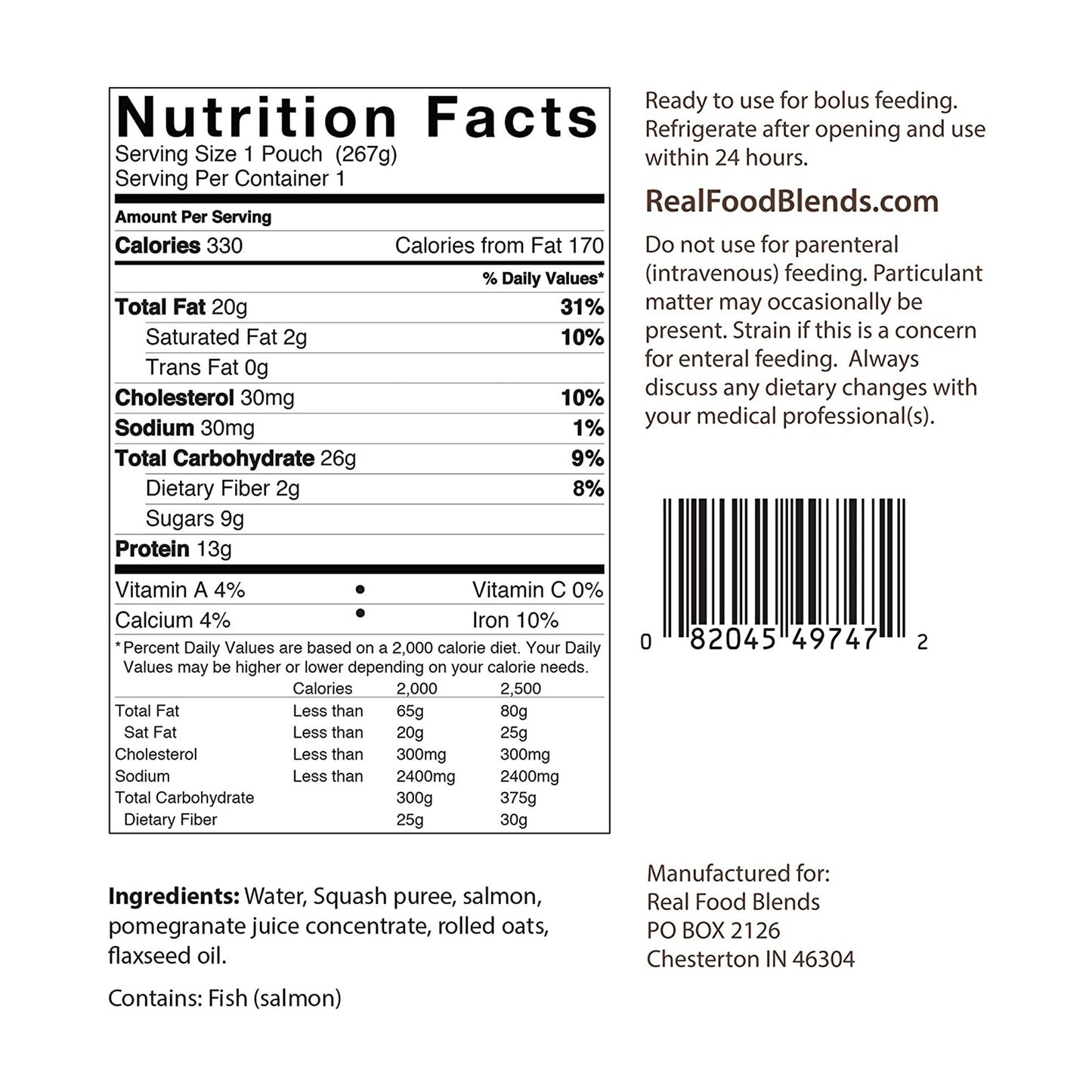 Real Food Blends™ Salmon, Oats & Squash Puree for Tube Feeding, 9.4-ounce pouch 176987
