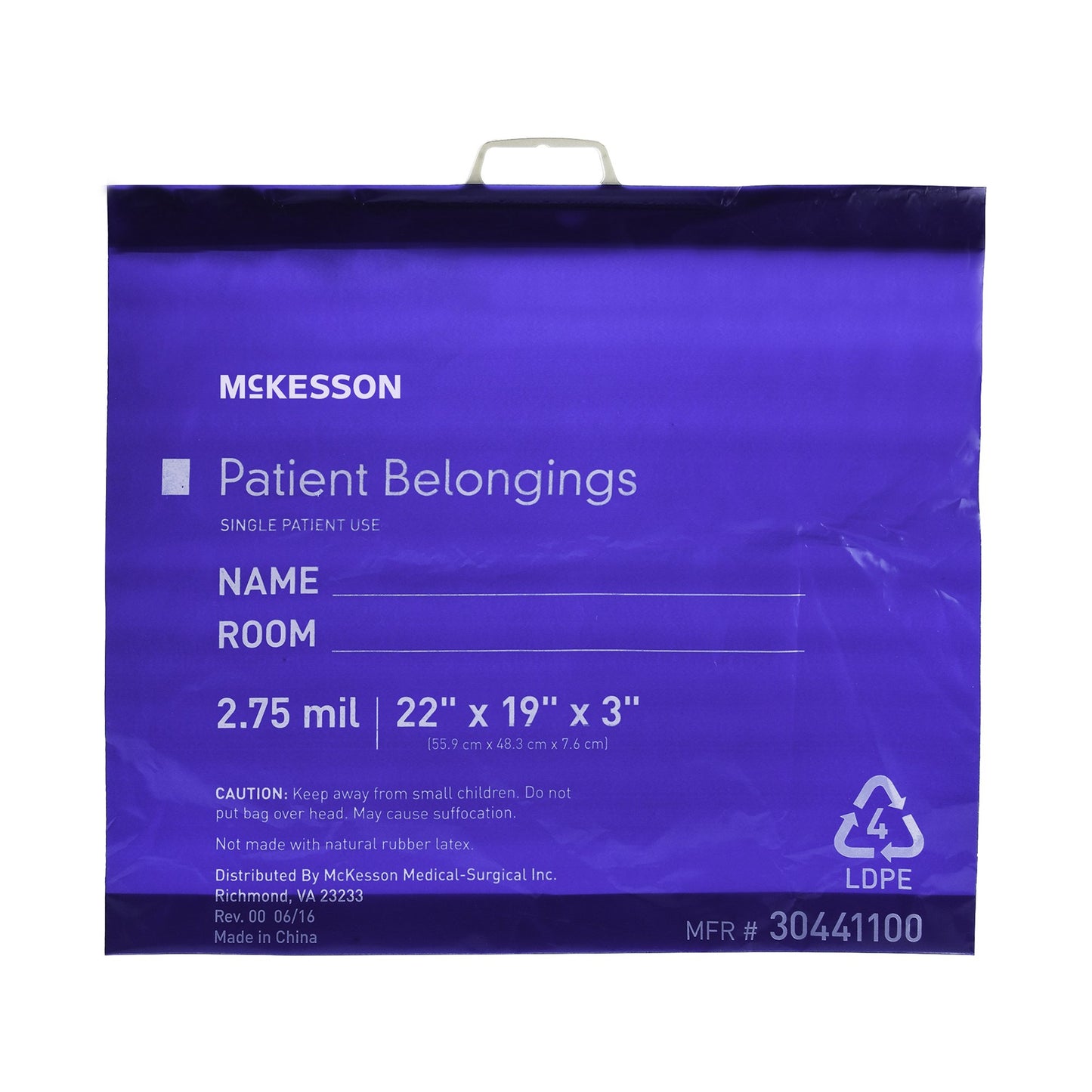 Patient Belongings Bag McKesson 3 X 19 X 22 Inch Polyethylene Snap Closure Blue - 30441100