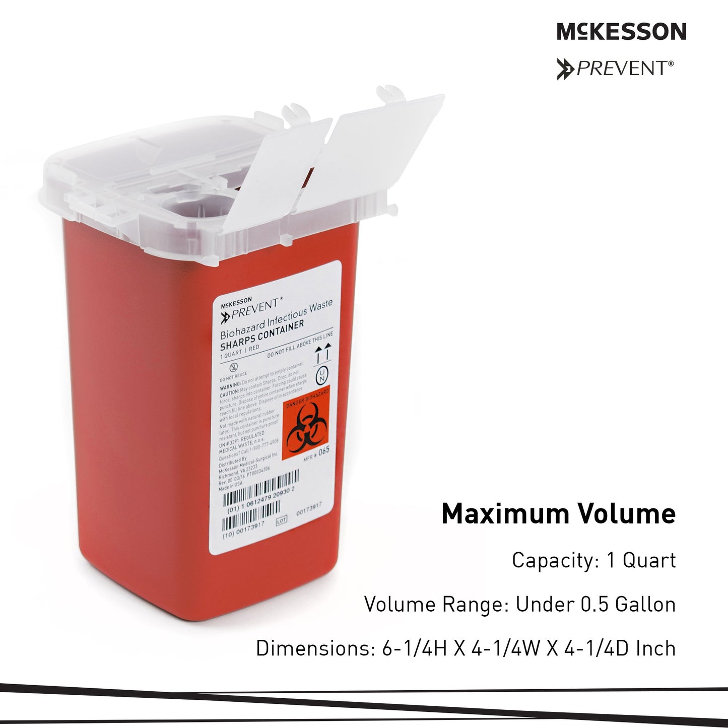 McKesson Prevent® Sharps Container, 1 Quart, 6-1/4 x 4-1/4 x 4-1/4 Inch 065