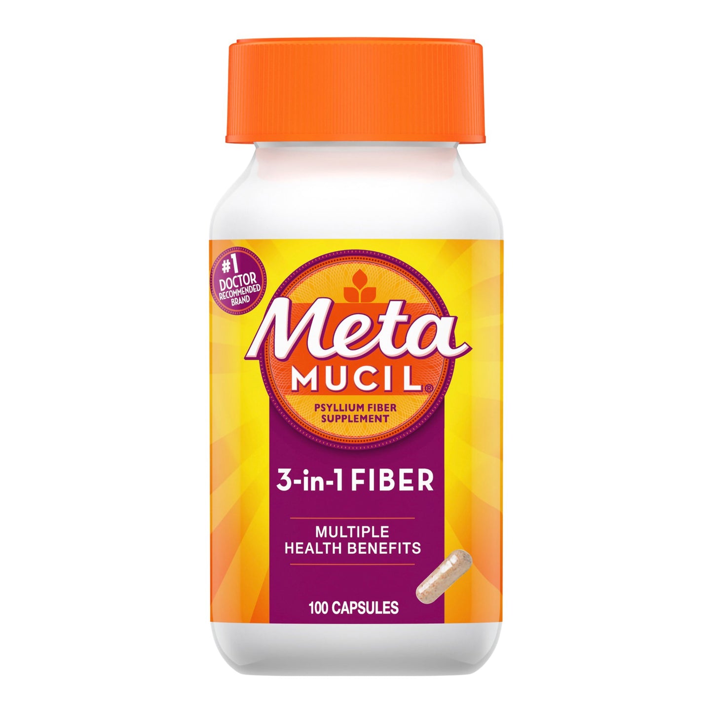 Fiber Supplement Metamucil® 3-in-1 Fiber Capsule 100 per Bottle 0.4 Gram Strength Potassium / Psyllium Husk - 37000040514