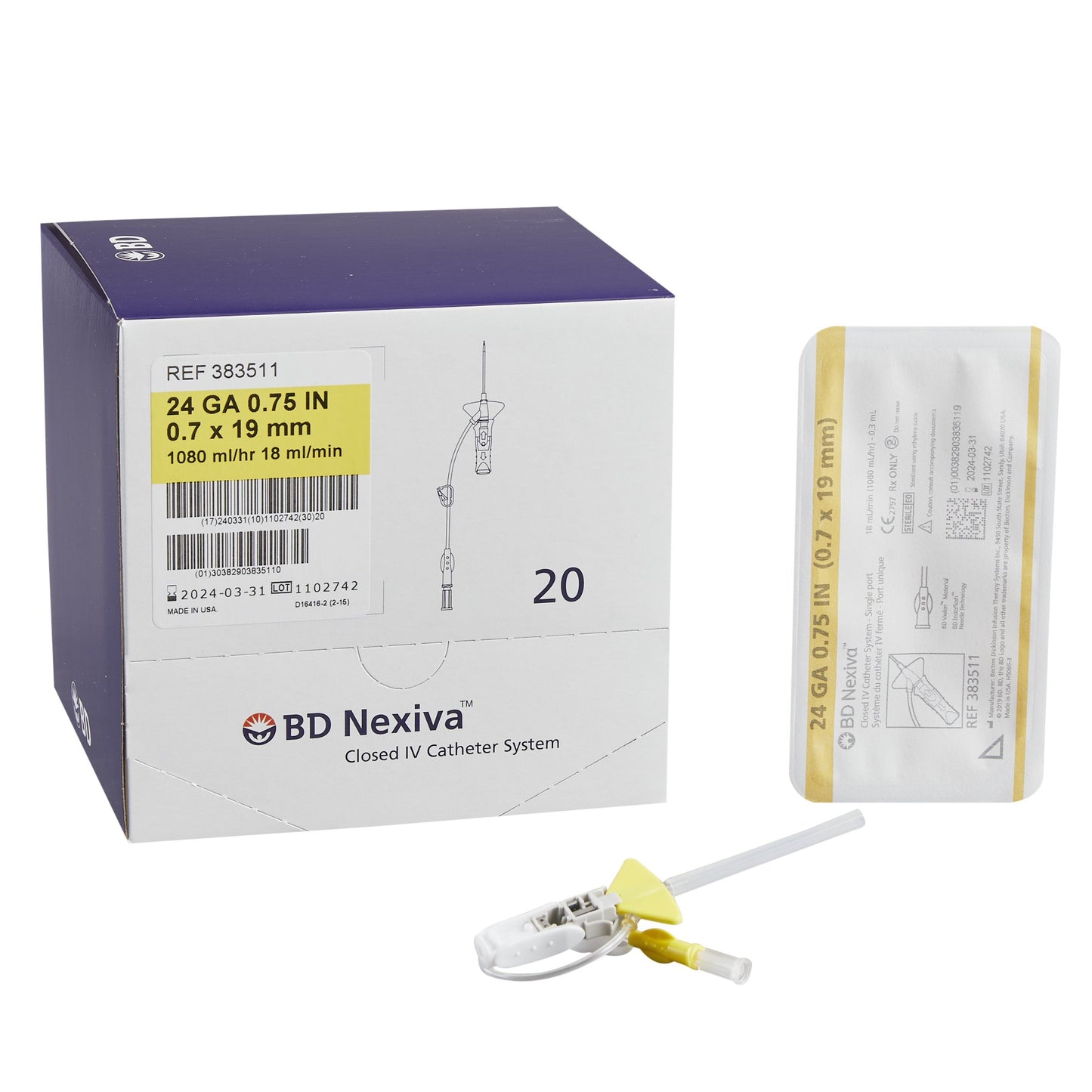 Closed IV Catheter Nexiva™ 24 Gauge 3/4 Inch Vialon Biomaterial Winged Hub Blood Control - 383511
