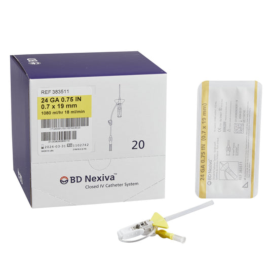 Closed IV Catheter Nexiva™ 24 Gauge 3/4 Inch Vialon Biomaterial Winged Hub Blood Control - 383511