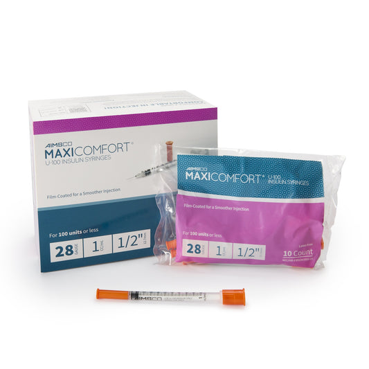Standard Insulin Syringe with Needle AIMSCO® 1 mL 1/2 Inch 28 Gauge NonSafety Ultra Thin Wall - 503