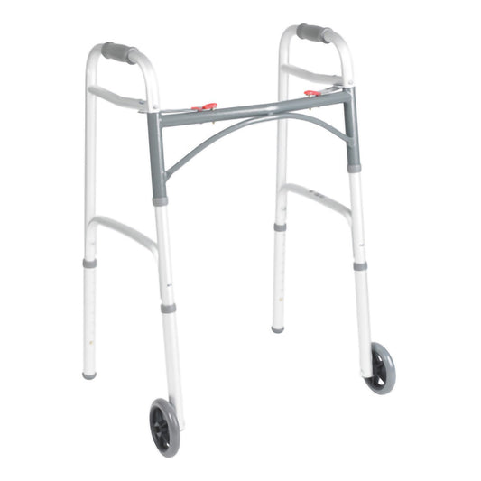 Dual Release Folding Walker with Wheels Adjustable Height McKesson Aluminum Frame 350 lbs. Weight Capacity 25 to 32-1/4 Inch Height - 146-10211-1
