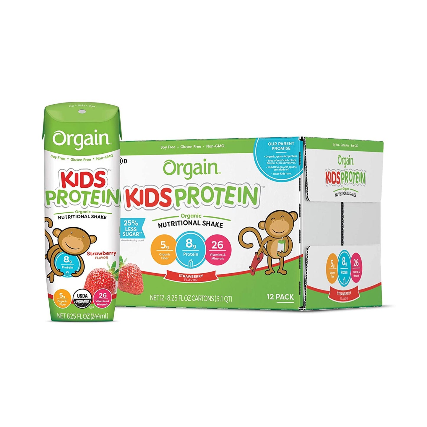 Pediatric Oral Supplement Orgain® Kids Protein™ Organic Nutritional Shake Strawberry Flavor 8.25 oz. Carton Liquid Organic - 851770003155