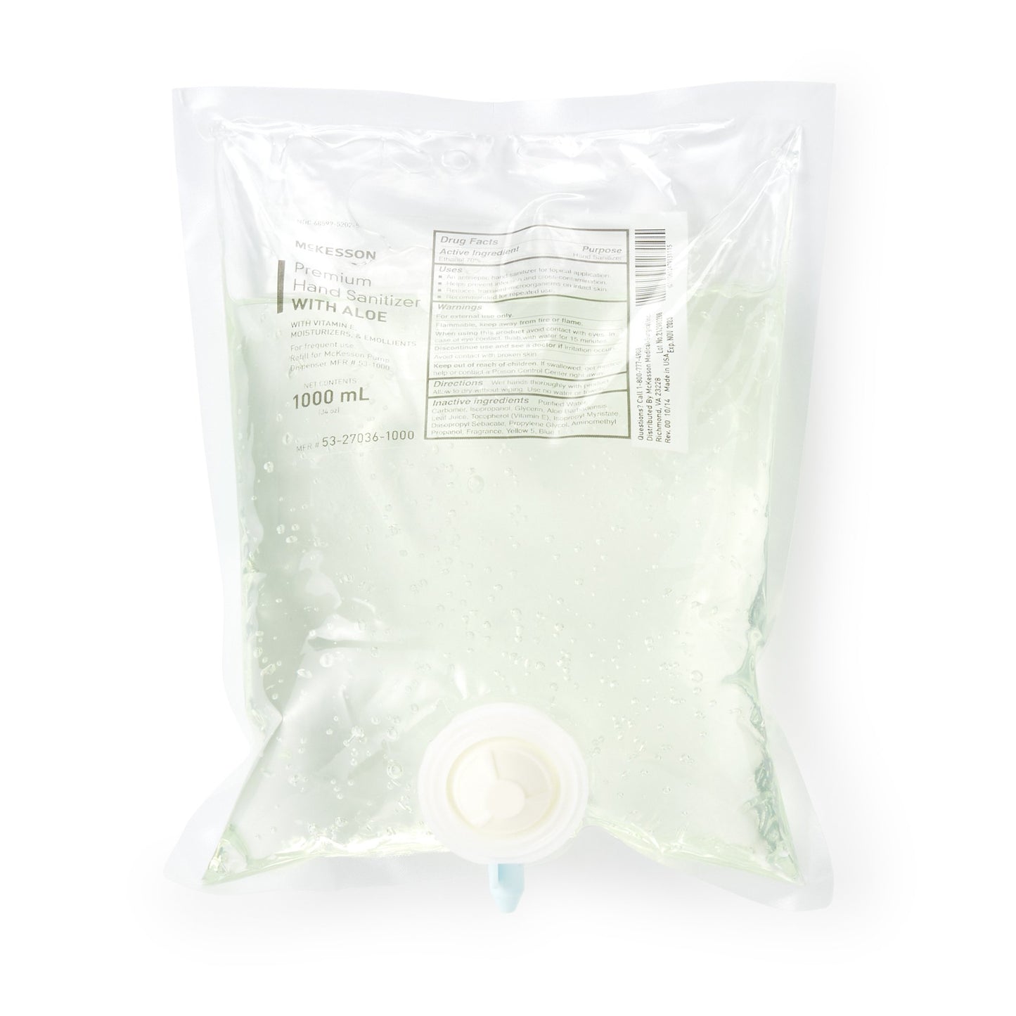 Hand Sanitizer with Aloe McKesson Premium 1,000 mL Ethyl Alcohol Gel Dispenser Refill Bag - 53-27036-1000