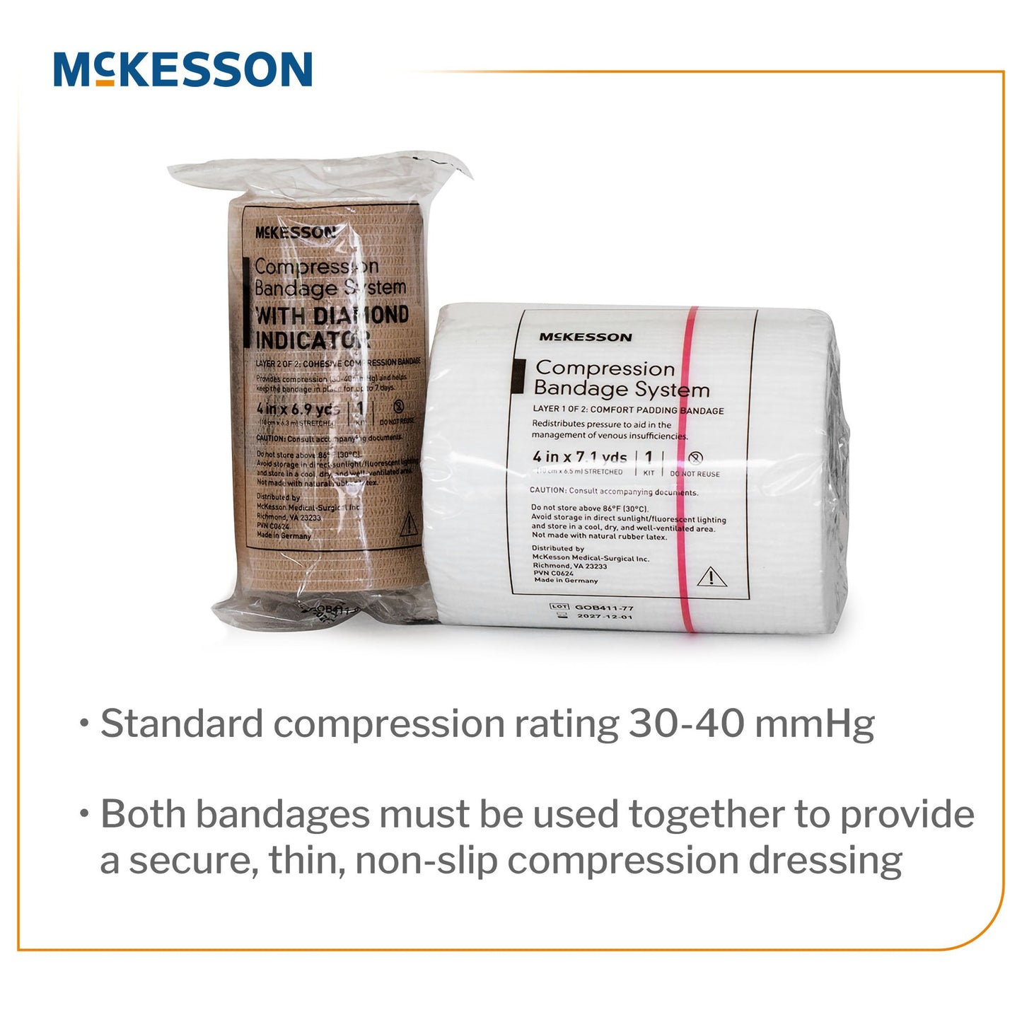 2 Layer Compression Bandage System McKesson 4 Inch X 7-1/10 Yard / 4 Inch X 6-9/10 Yard Self-adherent Closure Tan / White NonSterile 30 to 40 mmHg 2006