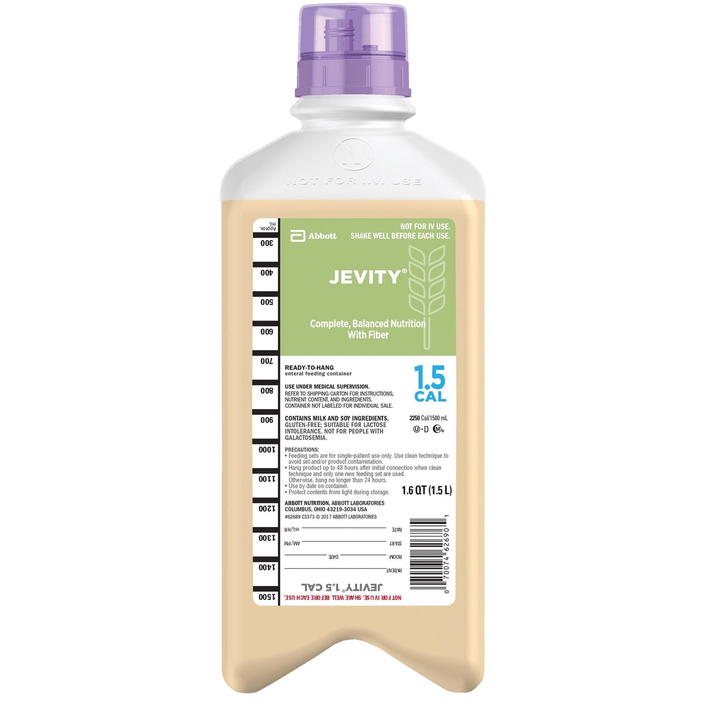 Tube Feeding Formula Jevity® 1.5 Cal with Fiber Unflavored Liquid 1.5 Liter Bottle - 62689