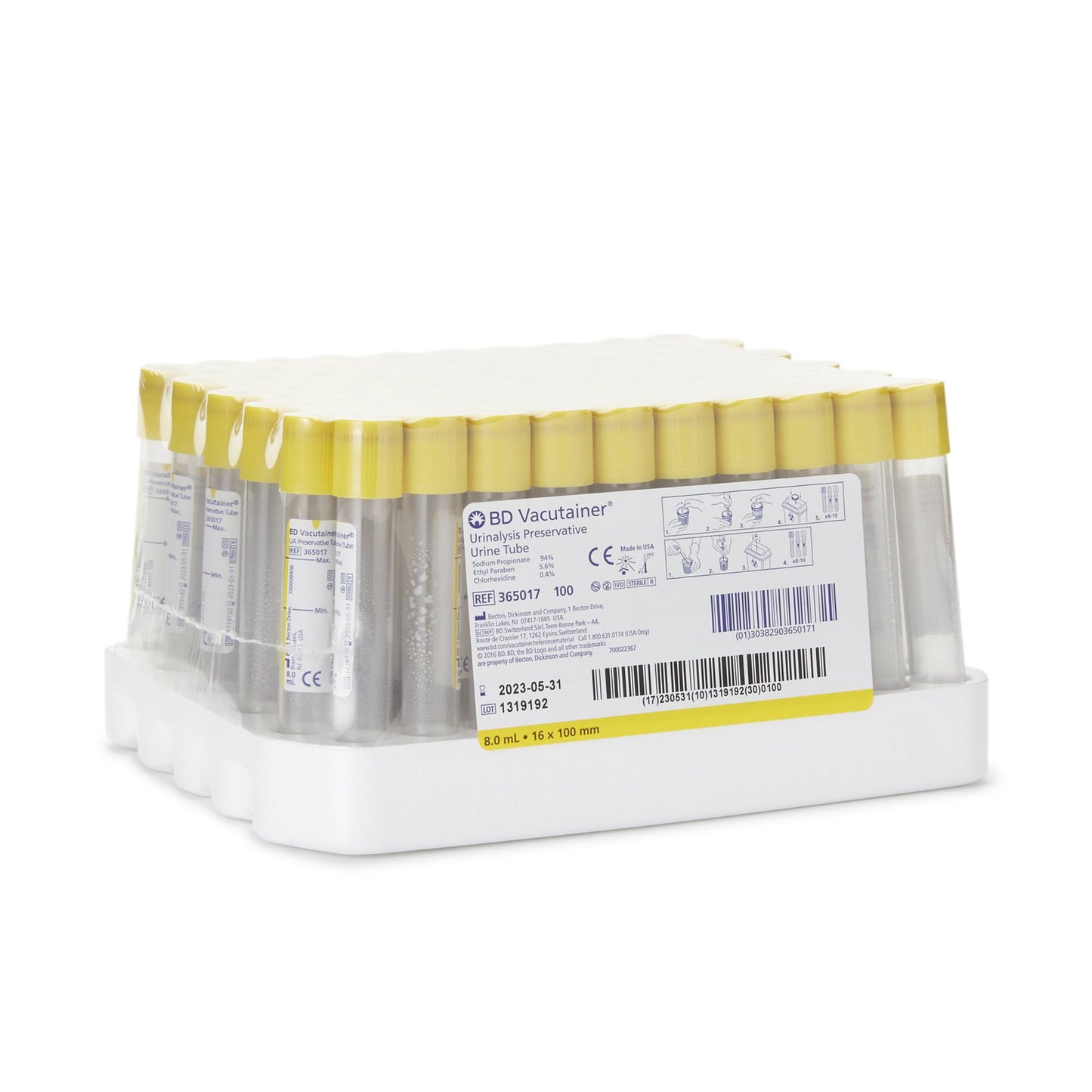 BD Vacutainer® Urinalysis Tube Chlorhexidine / Ethyl Paraben / Sodium Propionate Additive 8 mL BD Hemogard™ Closure Polyethylene Terephthalate (PET) Tube 365017
