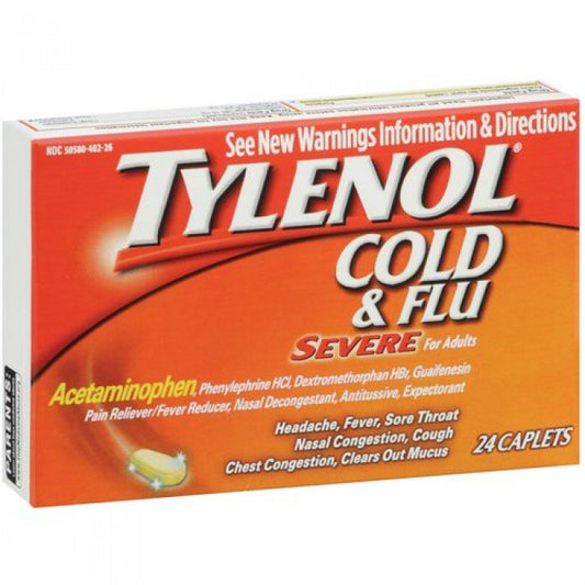 Cold and Cough Relief Tylenol® Cold & Flu Severe 325 mg - 5 mg - 200 mg - 15 mg Strength Caplet 24 per Bottle - 50580040226