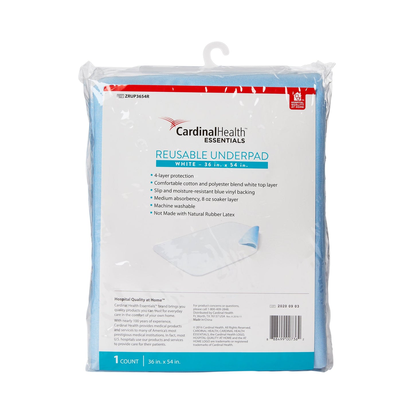 Reusable Underpad Cardinal Health™ Essentials 36 X 54 Inch Polyester / Rayon Moderate Absorbency - ZRUP3654R