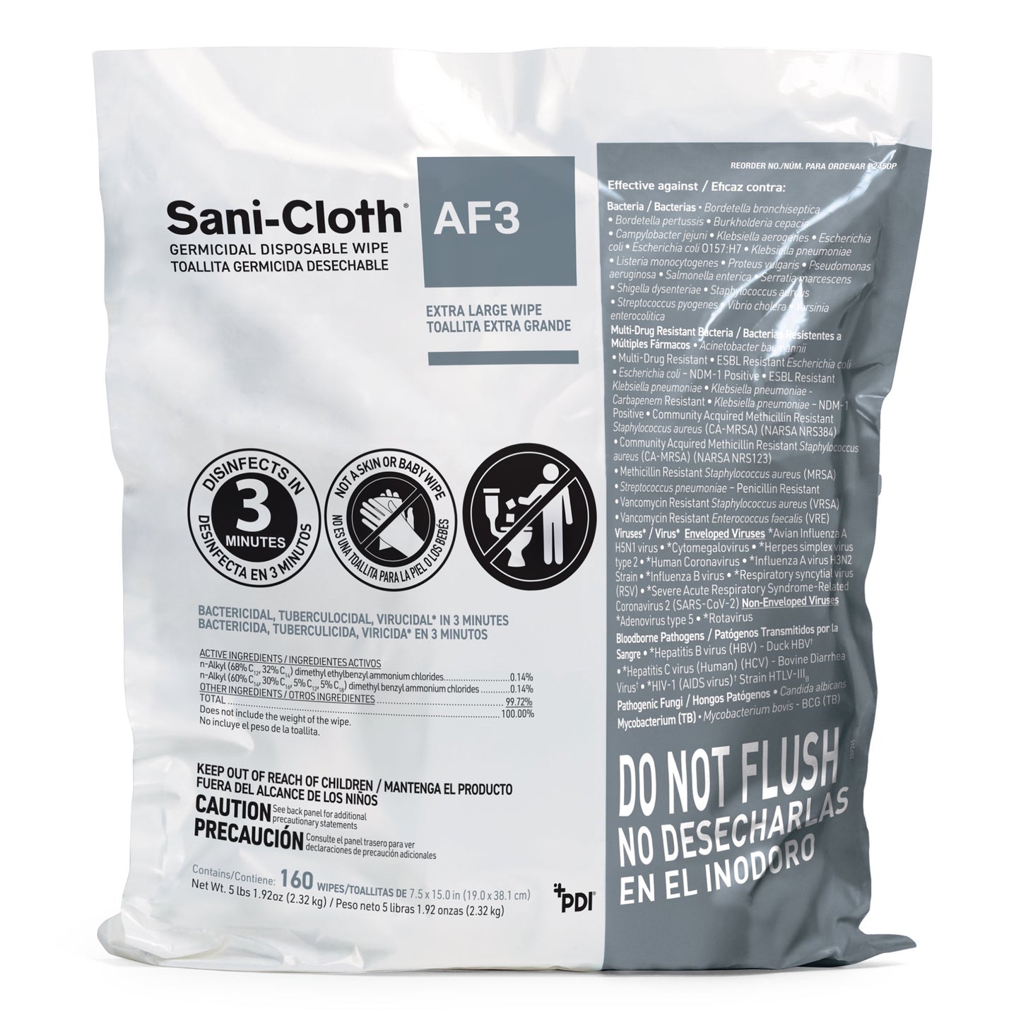 Sani-Cloth® AF3 Germicidal Extra Large Disinfectant Wipes, Refill Bag, 160 ct. P2450P