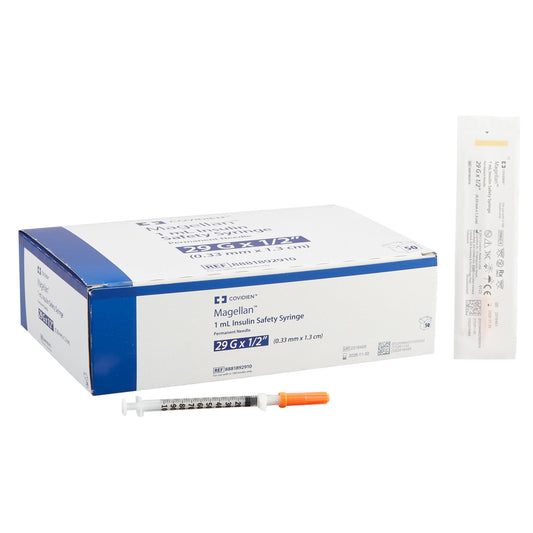 Safety Insulin Syringe with Needle Magellan™ 1 mL 1/2 Inch 29 Gauge Sliding Safety Needle Regular Wall - 8881892910