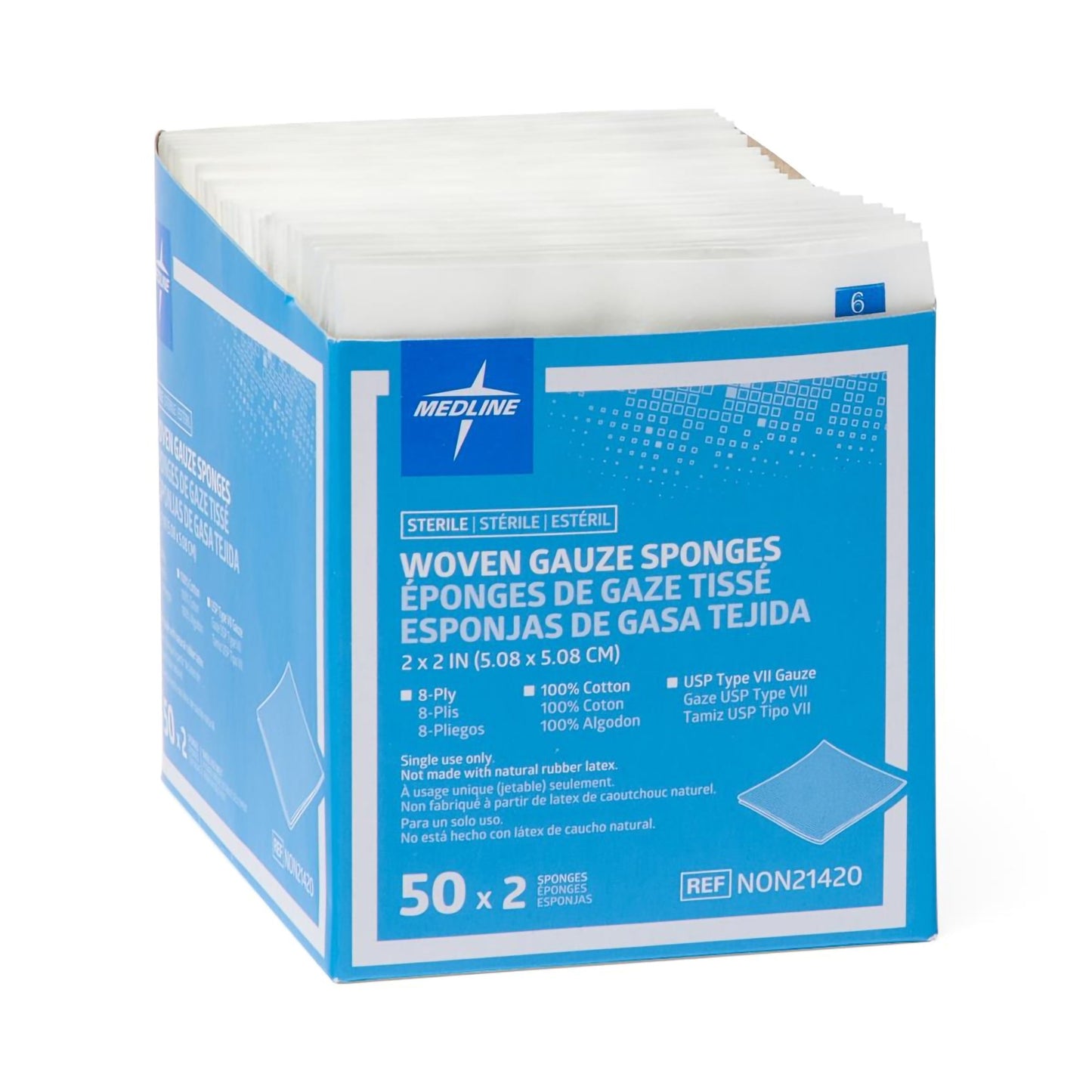 Medline Sterile USP Type VII Gauze Sponge, 2 x 2 Inch, 8-Ply NON21420