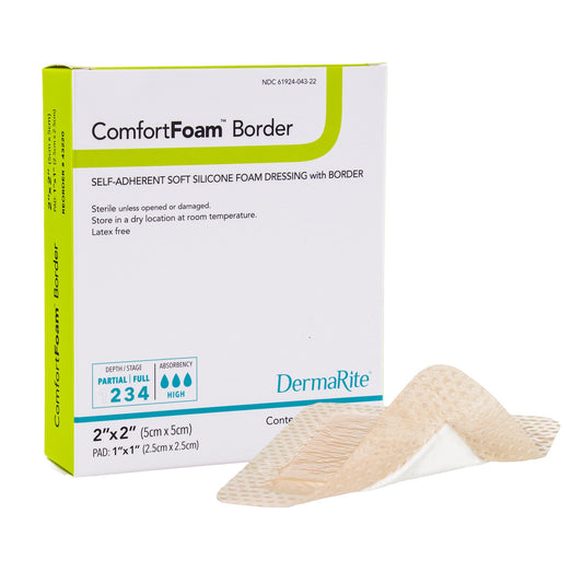 DermaRite Industries ComfortFoam Border Silicone Adhesive with Border Silicone Foam Dressing, 2 x 2 Inch 43220, 1 Each