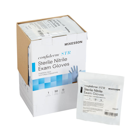 Exam Glove McKesson Confiderm® STR X-Large Sterile Pair Nitrile Standard Cuff Length Textured Fingertips Blue Not Rated - 14-6NSTR8