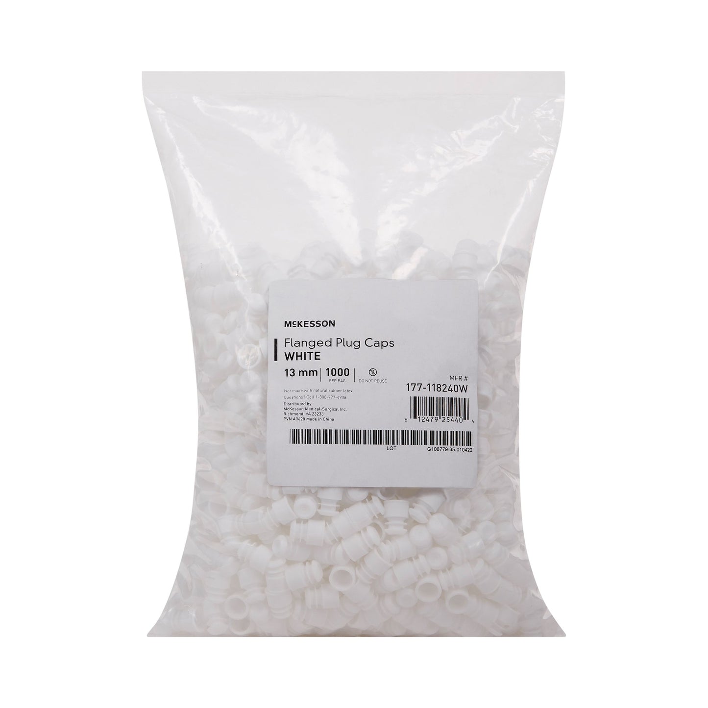 McKesson Tube Closure Flanged Plug Cap White Polyethylene 1000 per Bag 177-118240W