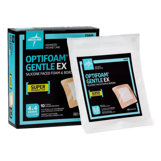 Foam Dressing Optifoam® Gentle EX 4 X 4 Inch With Border Waterproof Backing Silicone Face and Border Square Sterile MSCEX44EP